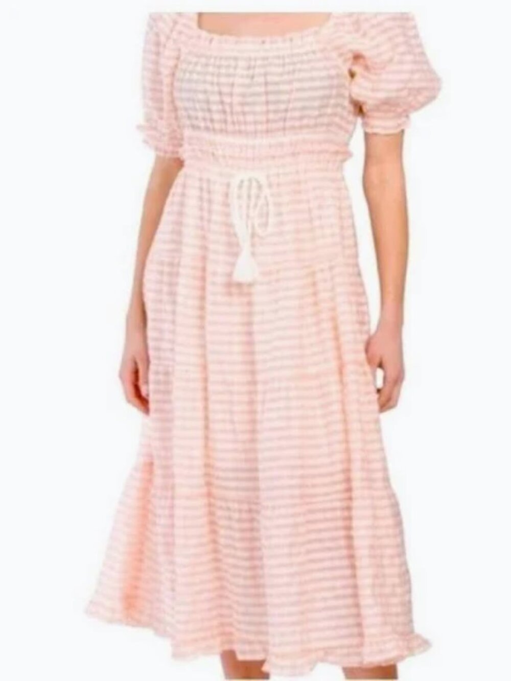 Bohme Pink Gingham Puff Sleeve Tiered Midi Dress Cottagecore NWT Small